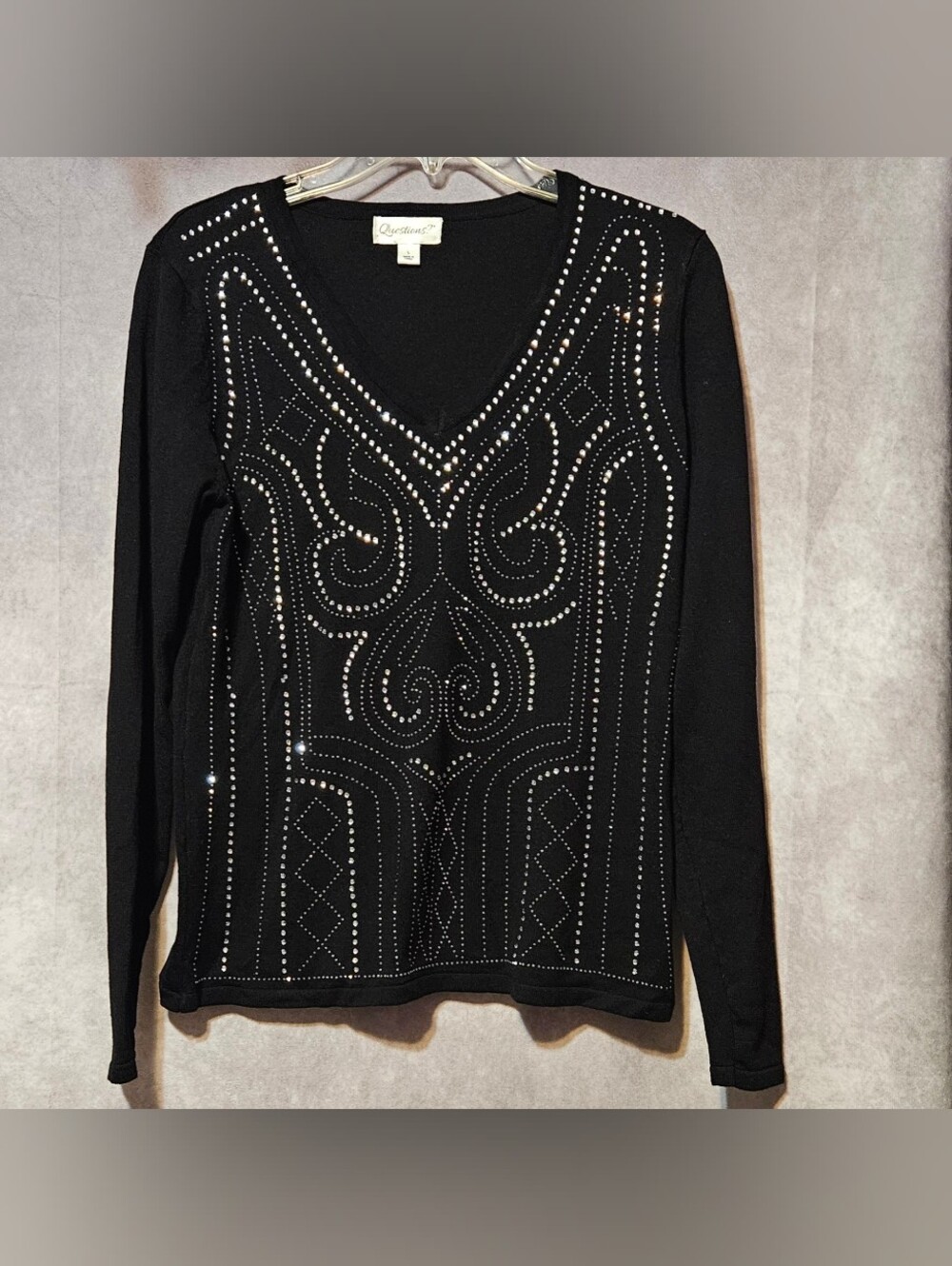 Questions? Rhinestone Knit Sweater Top Womens Size L Black V-Neck Long Sleeve